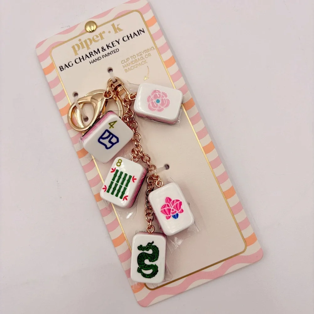 Piper K Mahjong Bag Charm & Key Chain Hand Painted Tiles Rose Gold Tone NWT